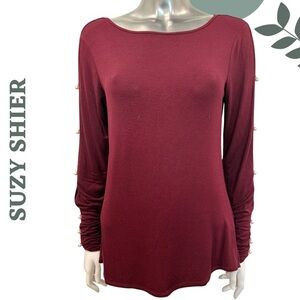 🛍️3/$40 Suzy Shier Burgundy Pearl Sleeve Long Sleeve Top Peek a Boo – Size Small